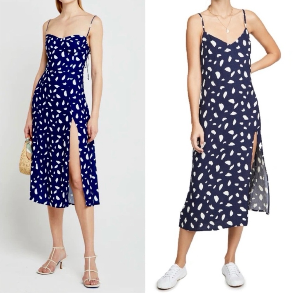 Reformation Navy and White Spotted Slip Midi Dress